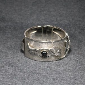 Whiting & Davis silver tone black rhinestone wide bangle bracelet